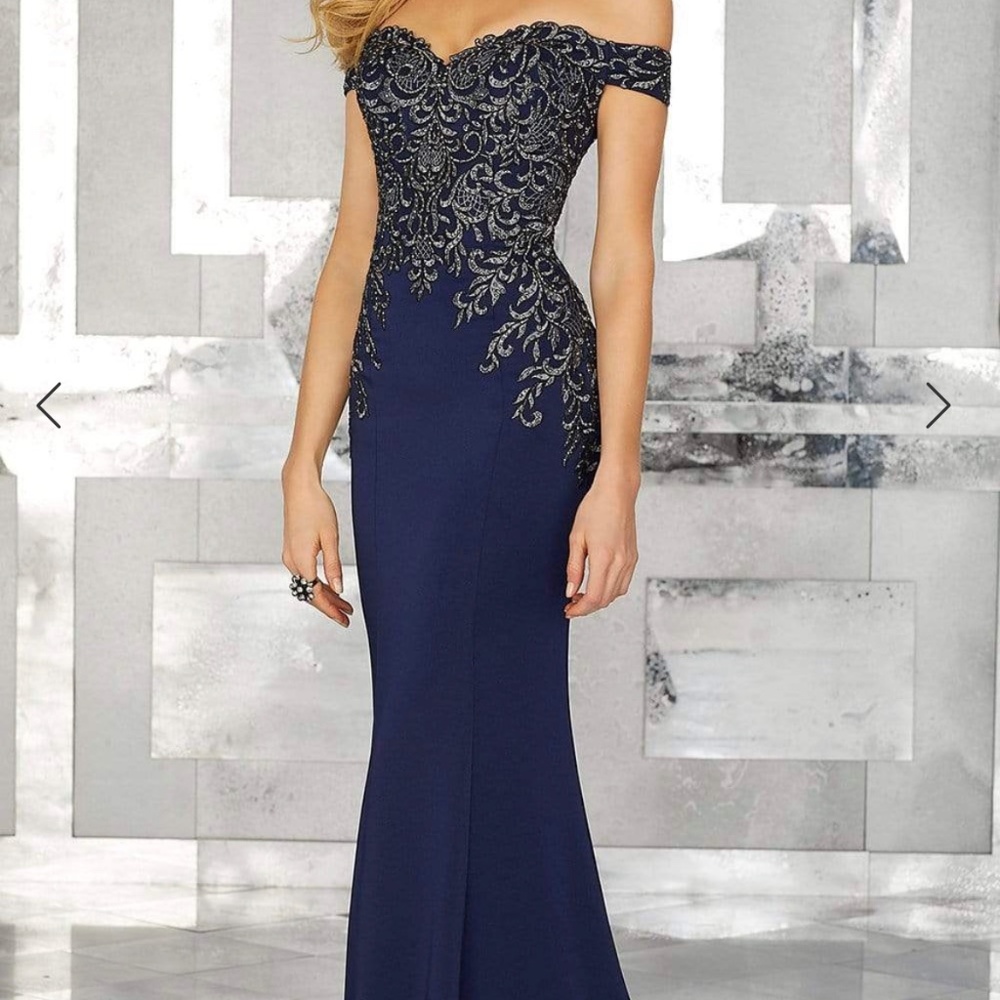 Mori Lee Navy and Gold Off-Shoulder Embroidered Evening Gown